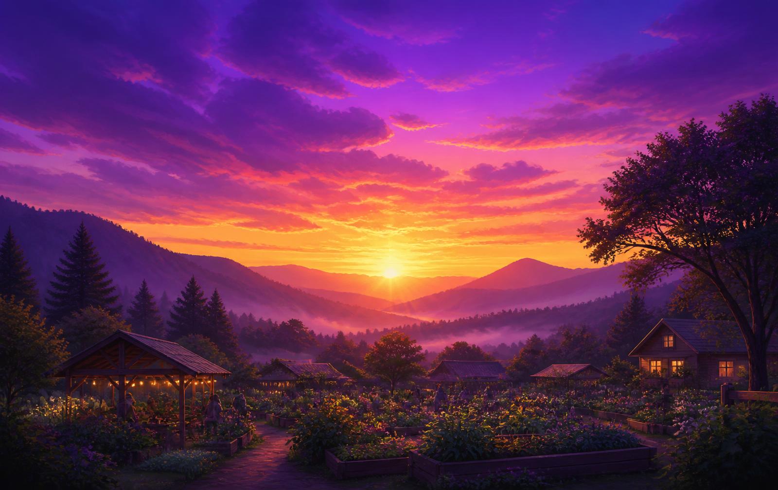A hopeful sunrise breaking over a valley with a community garden — symbolizing new beginnings and connection.